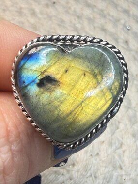 Labradorite Heart Ring | Yellow Teal Flash | Adjustable Band | 1 Inch